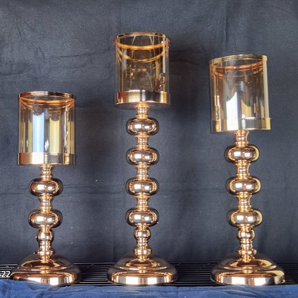 Gold Colored Glass Hurricane Candle Holders 3pk Three Different Graduated Sizes - Picture 1 of 4